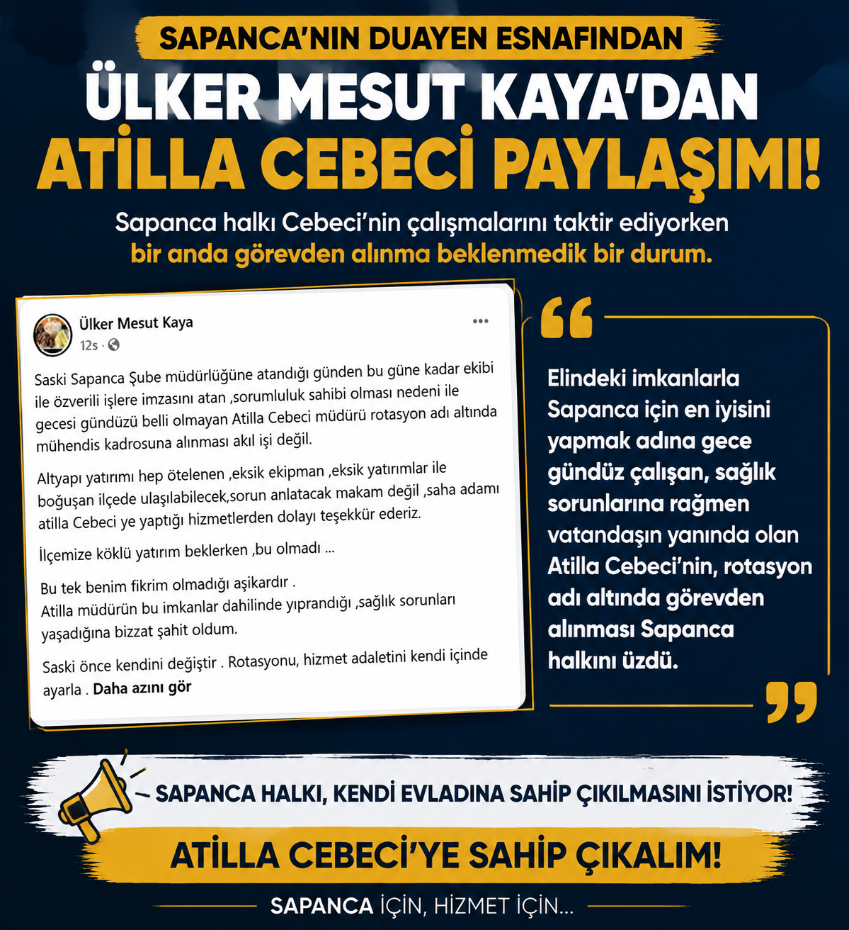 Sapanca’nın duayen esnafından Atilla Cebeci paylaşımı: “Çalışmalarını takdir ediyoruz”